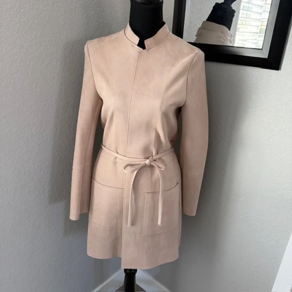 H&M Blush Pink Faux Suede Belted Jacket Coat Sz 6